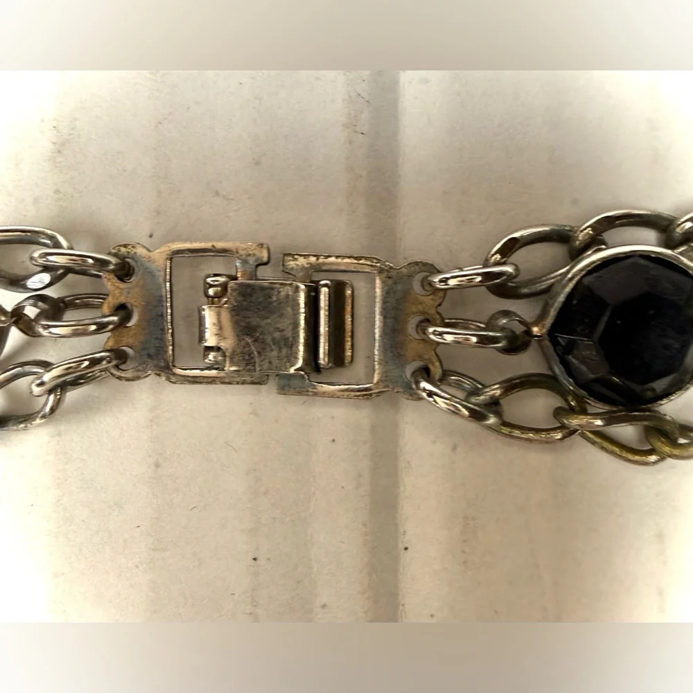 Multi Strand Chain Faux Pearl Black Stones Necklace Tiered Silver‎ Tone